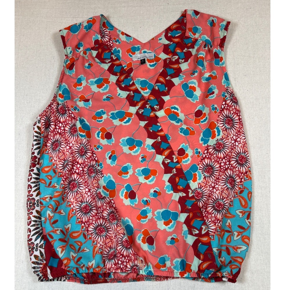 Allison Joy Womens Medium Floral Patchwork Sleeveless Surplice V-Neck Blouse Top